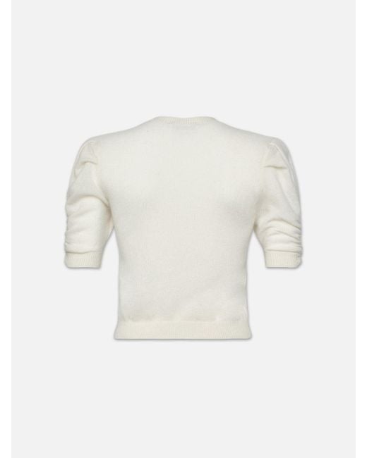 FRAME White Ruched Sleeve Cashmere Sweater