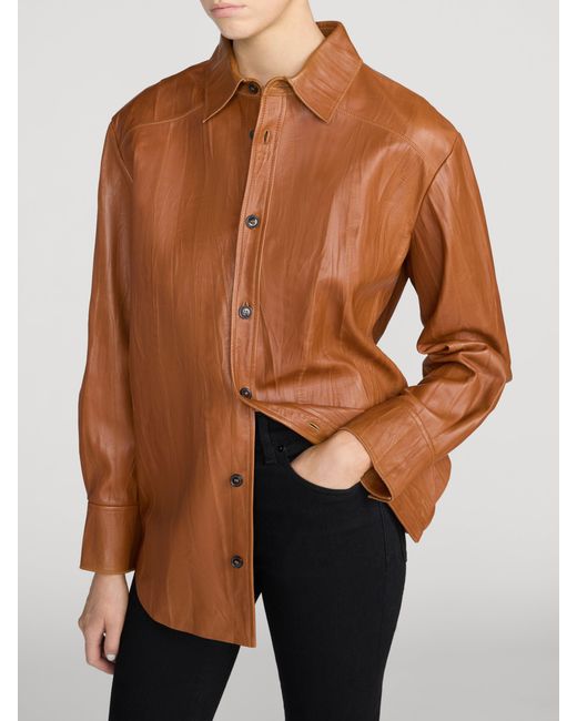 FRAME Brown The Crinkled Leather Studio Shirt
