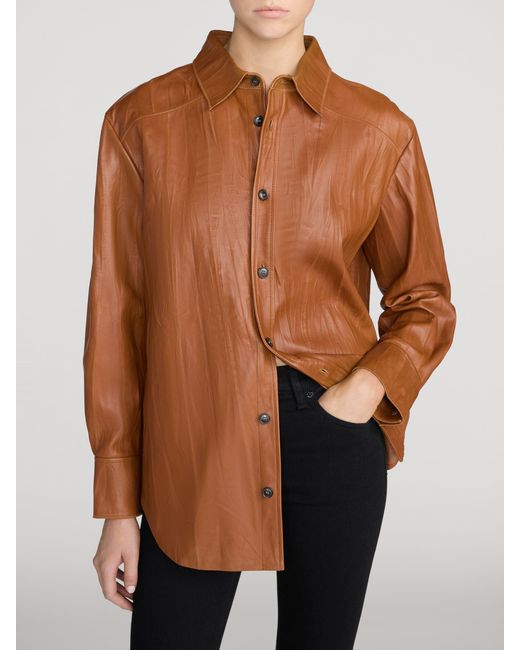 FRAME Brown The Crinkled Leather Studio Shirt