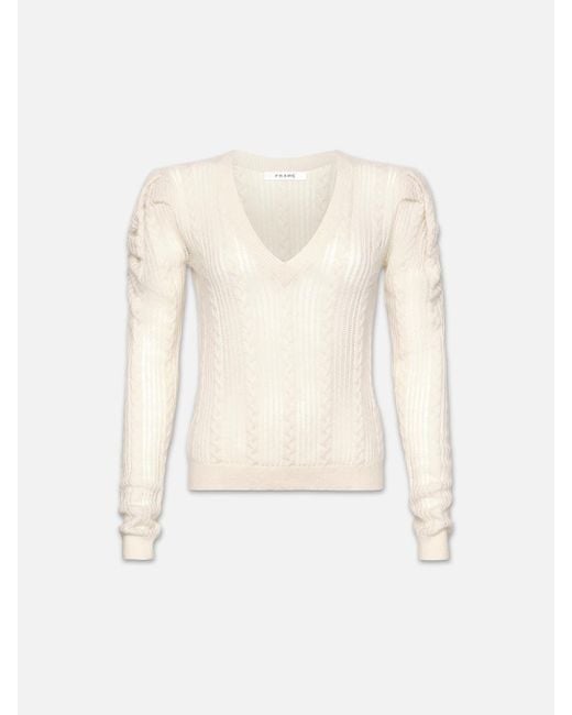 FRAME White Pointelle Cashmere Ruched Sweater