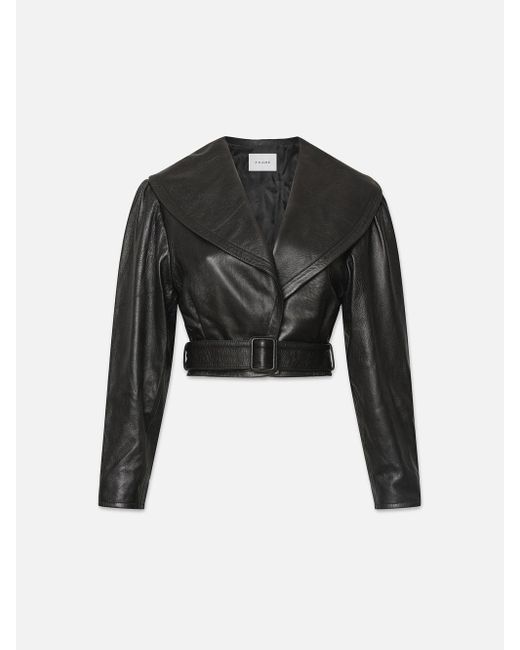 FRAME Black Cropped Belted Leather Jacket