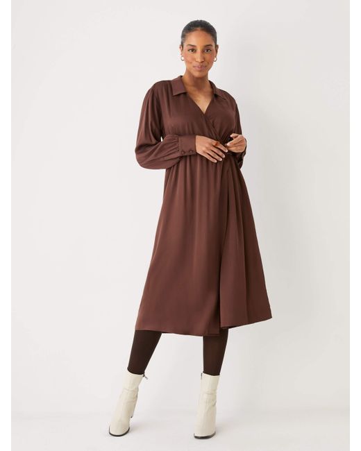 Frank And Oak Satin The Mid Length Wrap Dress in Brown | Lyst