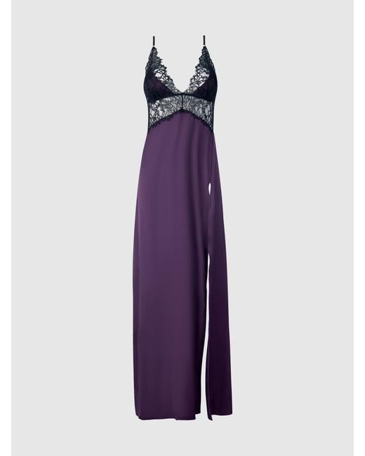 Frederick's of Hollywood Purple Rosalind Satin & Lace Long High Slit Gown