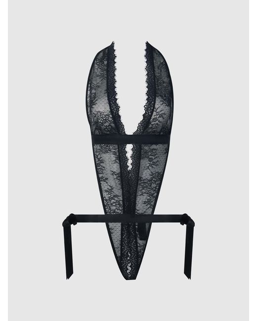 Frederick's of Hollywood Black Rosalind Satin & Lace Drop Off Crotchless Teddy