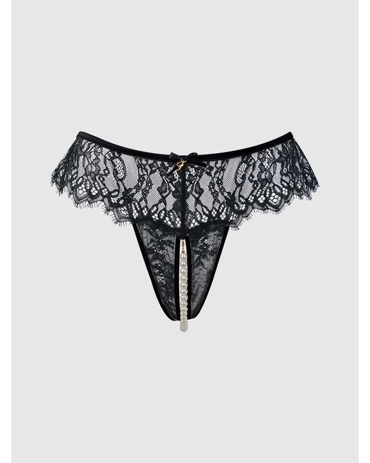 Frederick's of Hollywood Black Rosalind Lace & Pearl Crotchless Thong
