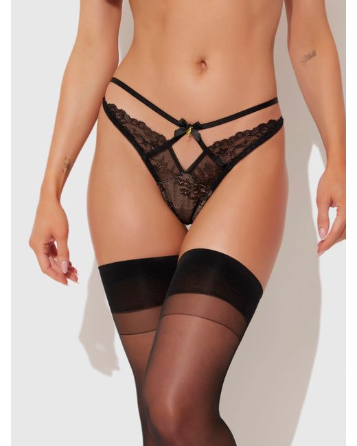 Frederick's of Hollywood Black Luella Strappy Lace & Satin G-String