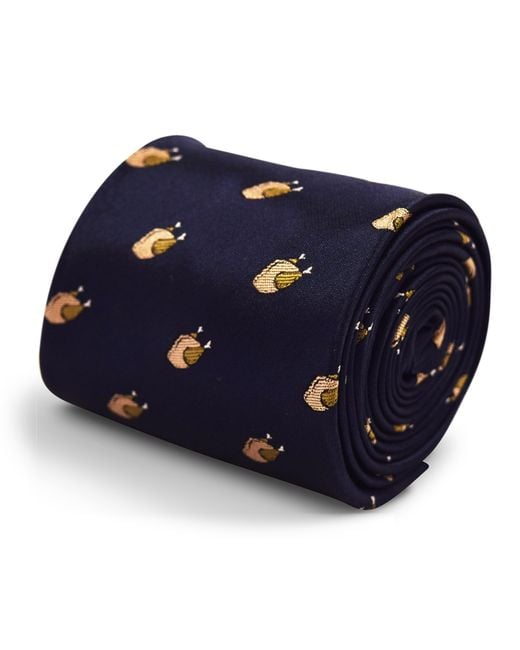 Frederick Thomas Ties Blue Navy Christmas Tie With Turkey Design for men