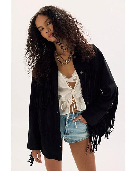 Free People Blue Fringe Out Vegan Suede Jacket
