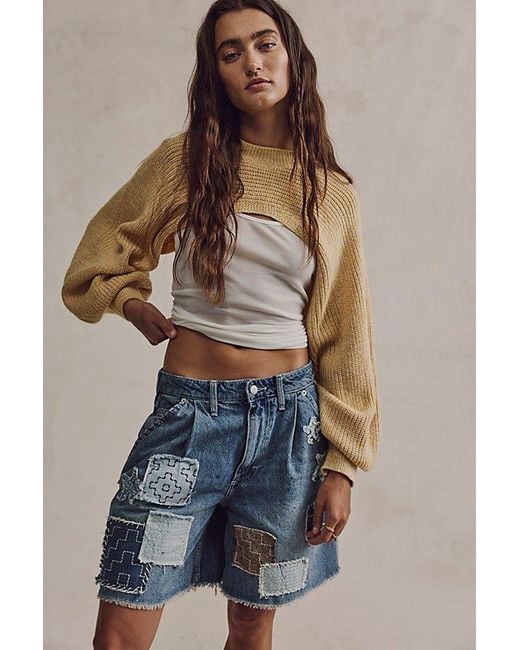 Free People Blue Reese Patched Workwear Shorts By