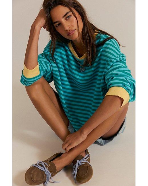 Free People Blue We The Free Classic Striped Oversized Crewneck