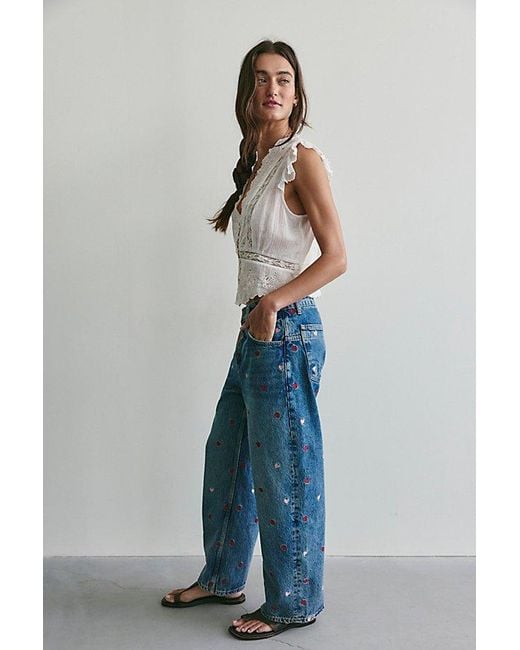 Free People Blue Deep Trance Embroidered Dropped Boyfriend Jeans