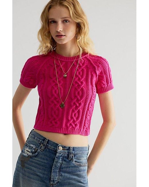 Free People Pink Bubblegum Cable Knit Pullover