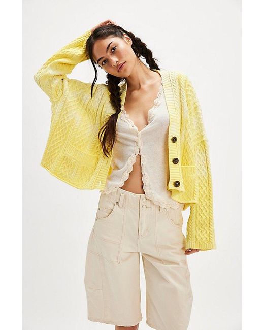 Free People Yellow Washed Ashore Cable Knit Cardi