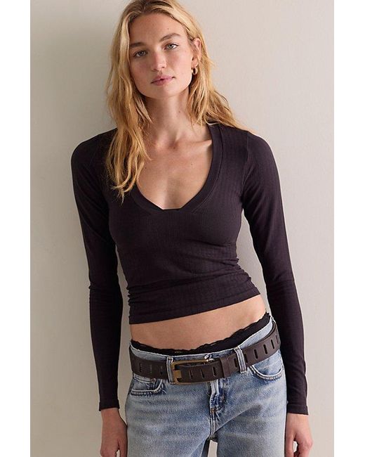Intimately By Free People Black Wide Awake Plunge Long Sleeve Top By