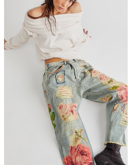 Free People Gray Magnolia Pearl Rose Embroidered Jeans
