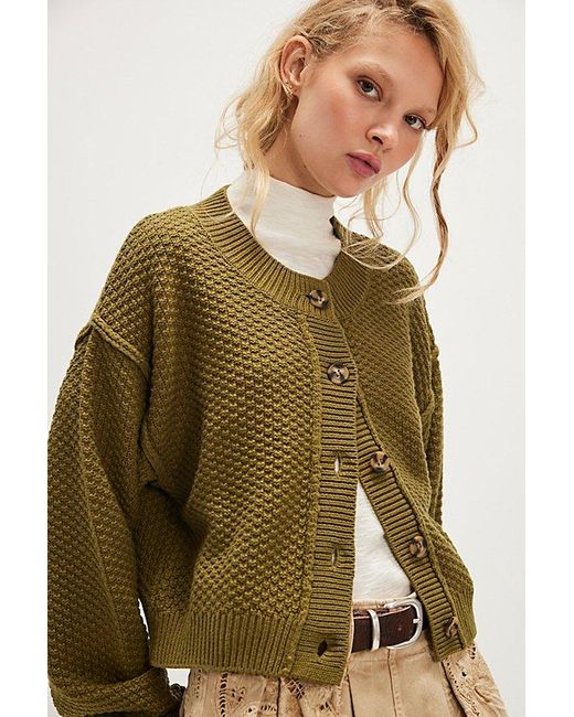 Free People Green Slouchy Textured Button-Front Cardigan