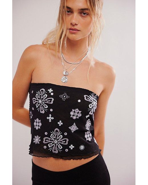 Free People Black Poppy Embroidered Tube Top