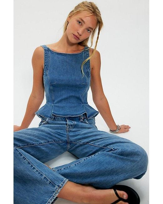 Free People Blue Sunfaded Denim Top