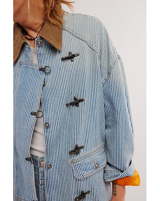 Free People Gray Denim Barn Coat Jacket At Free People In Railroad Stripe, Size: Xs