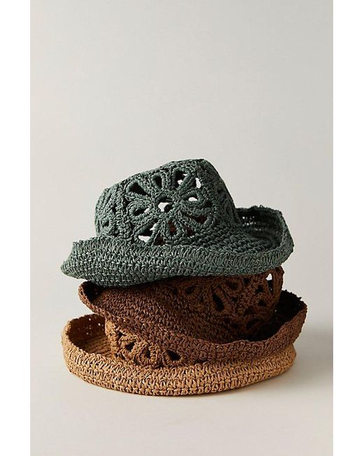 Free People Blue Cut-Out Daisy Crochet Straw Bucket Hat