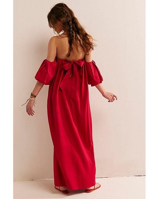 Free People Red Julietta Linen Off-The-Shoulder Maxi