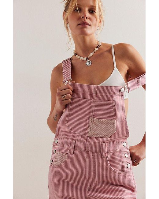 Free People Pink Ziggy Island Striped Overalls