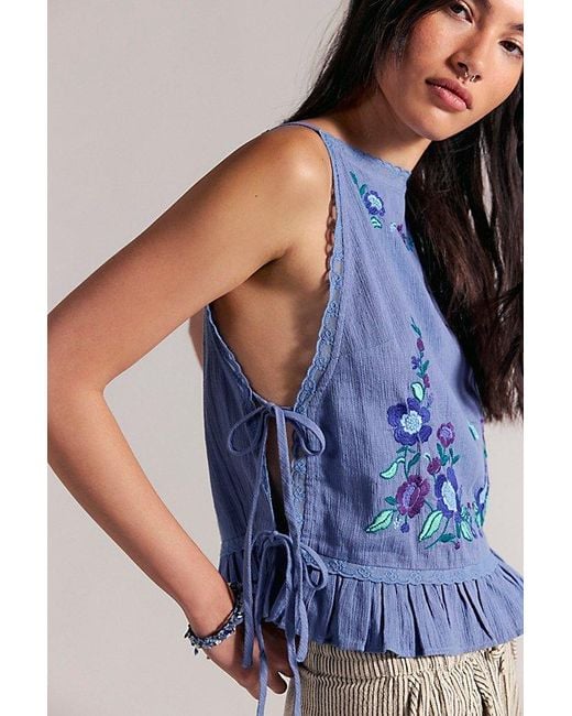 Free People Blue Elizabeth Embroidered Tank Top