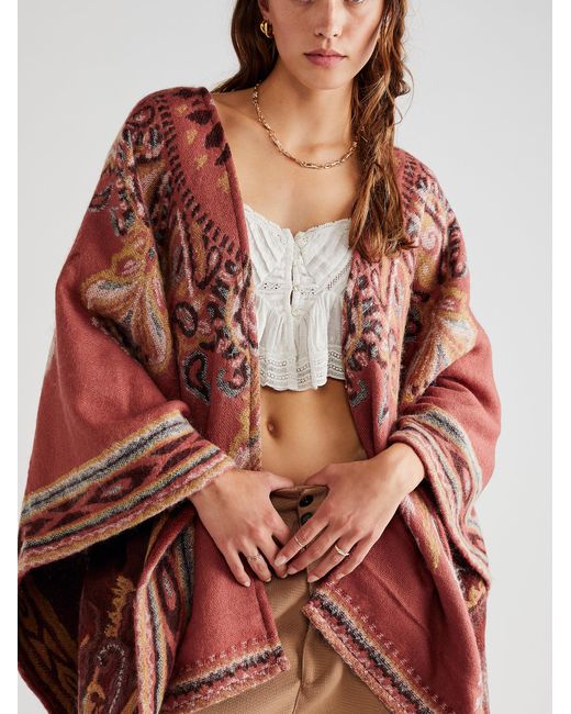 Free People Red Valley View Cozy Poncho
