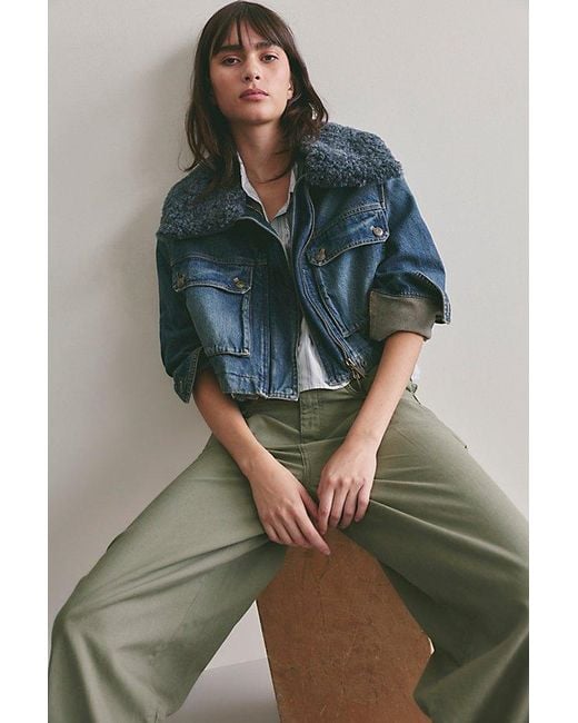 Free People Green Heart Land Cozy Denim Cropped Jacket