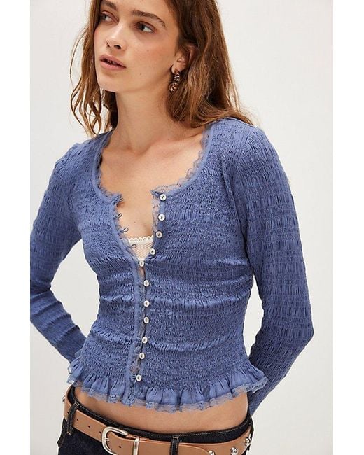 Free People Blue Elliot Smocked Solid Top