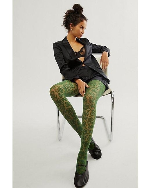 Free People Floral Lace Vine Tights At In Emerald in Green