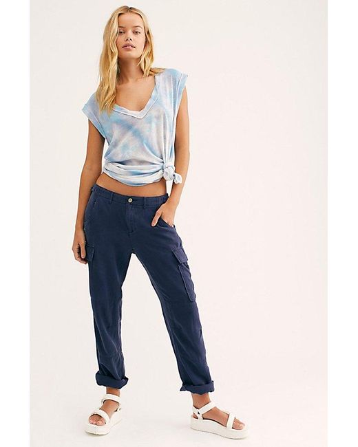 Free People Blue Rolled-up Silk Cargo Pants By Da-nang