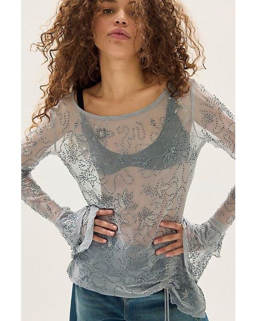 Free People Gray One Night Out Long Sleeve Embellished Top