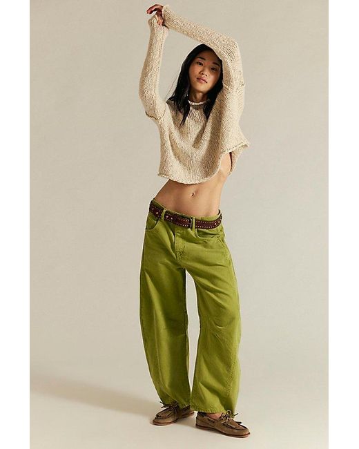 Free People Green Good Luck Mid-Rise Barrel Jeans