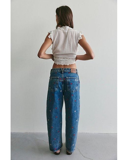 Free People Blue Deep Trance Embroidered Dropped Boyfriend Jeans