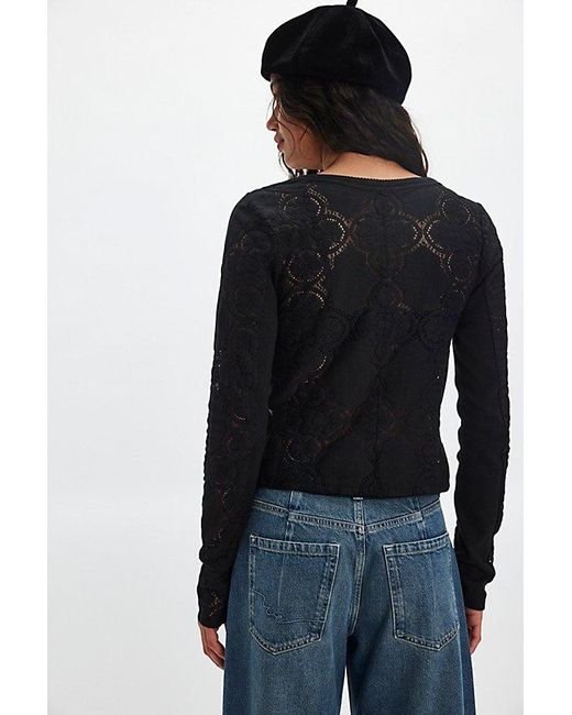 Free People Black Jae Sheer Lace Knit Long Sleeve Top