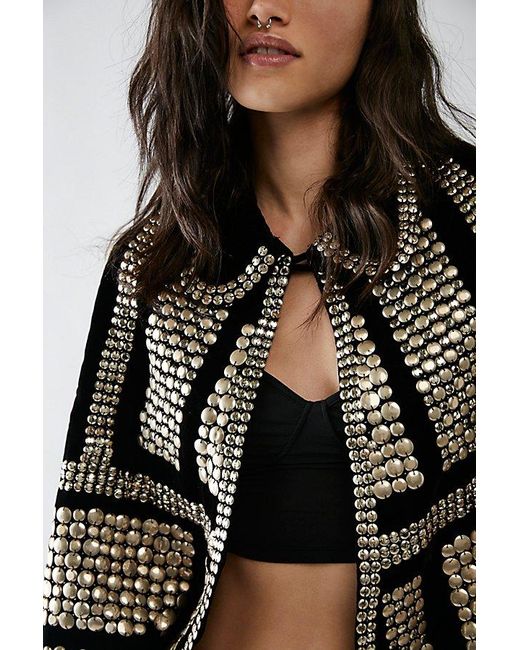 Free People Black Rock Star Embellished Velvet Cape Top