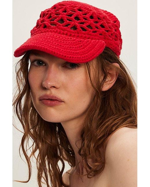 Free People Red Silvie Crochet Baseball Hat