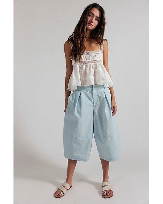 Free People Blue Gardenia Wide-Leg Cropped Cotton Trousers