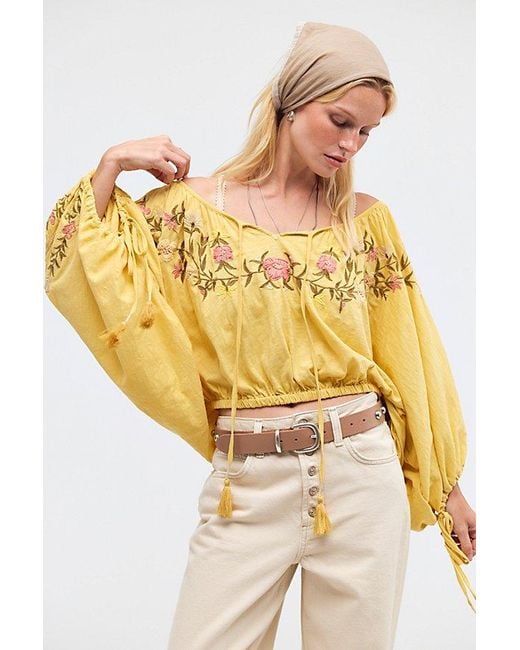 Free People Yellow Plumeria Embroidered Top
