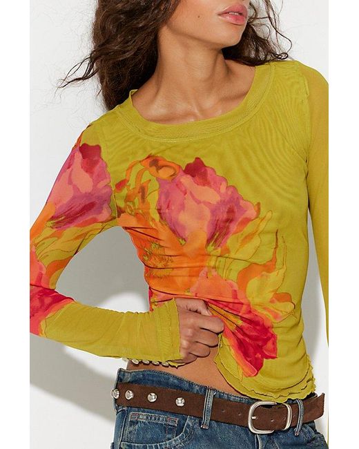 Free People Yellow Lilly Printed Long Sleeve Top