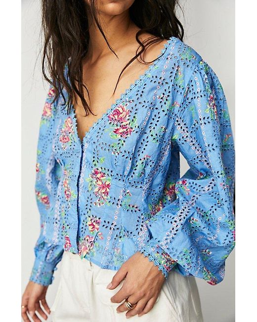 Free People Blossom Eyelet Top in Blue