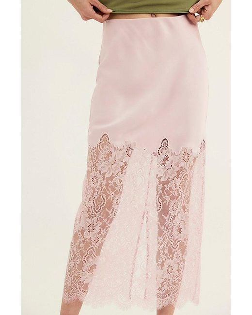 LoveShackFancy Green Ilene Satin Lace Maxi Skirt
