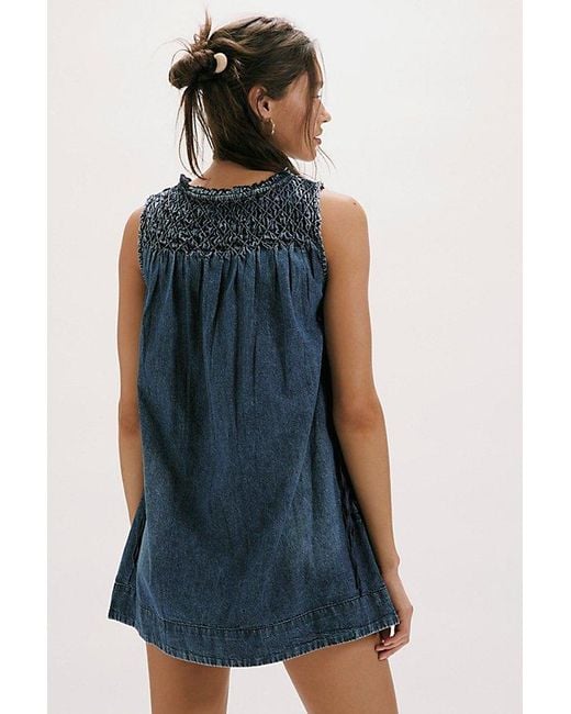 Free People Blue Maisie Smocked Denim Mini Dress