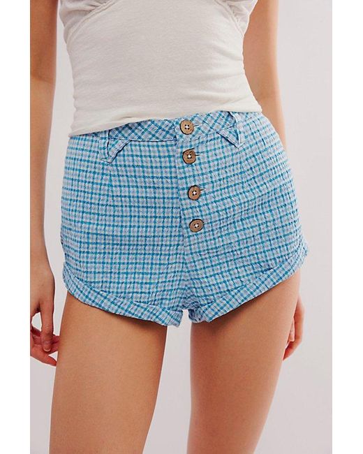 Free People Blue Checked Out Plaid Micro Shorts