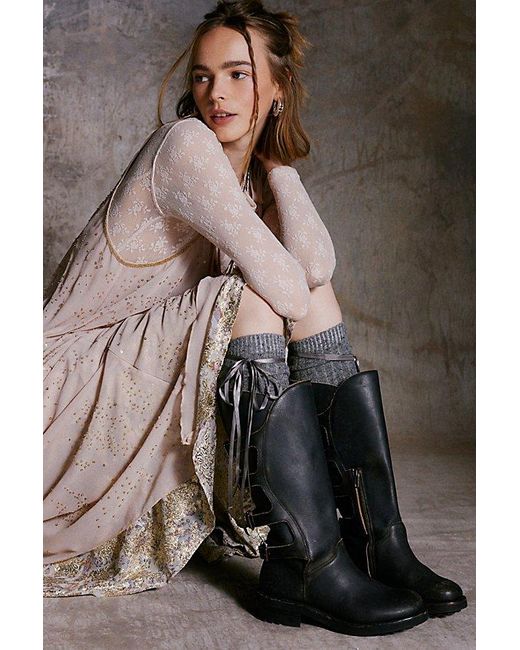 Free People Black Tall Washed Leather Biker Boots