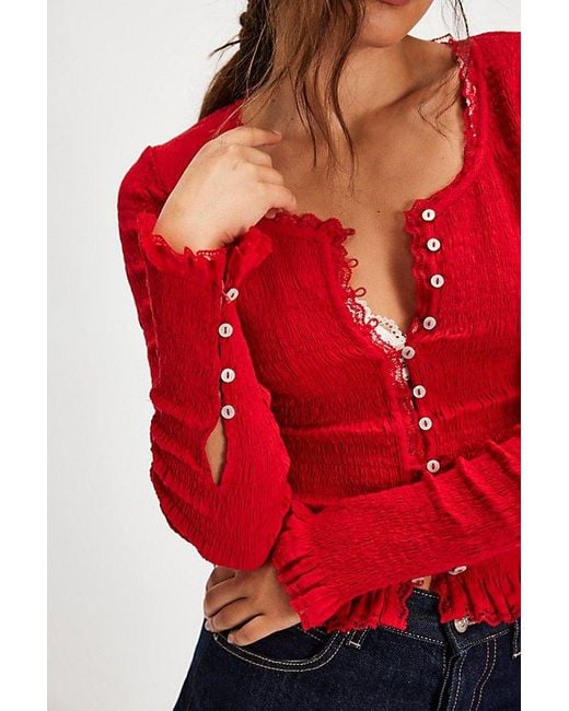 Free People Red Elliot Smocked Solid Top