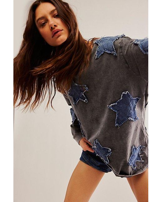 One Teaspoon Blue Denim Star Bf Long-sleeve Top At Free People In Grey, Size: Small