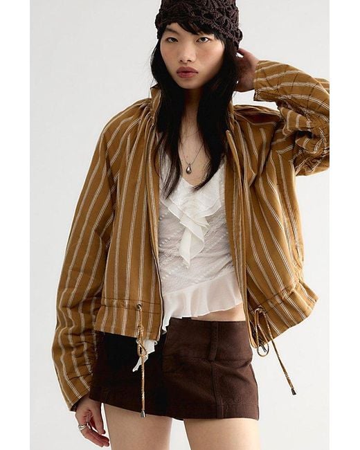 Free People Brown Devon Striped Balloon Funnel-Neck Jacket