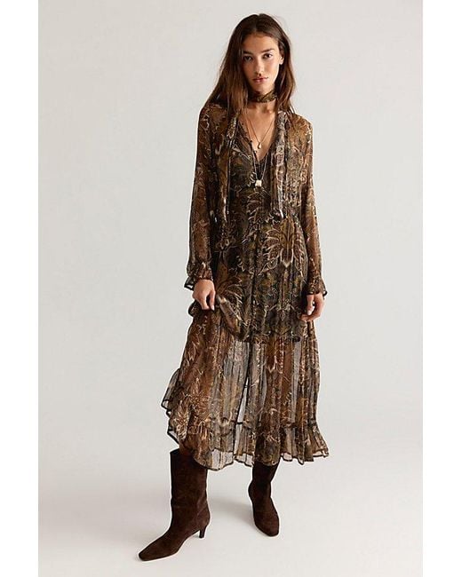 Spell Brown Damask Button Through Midi Dress